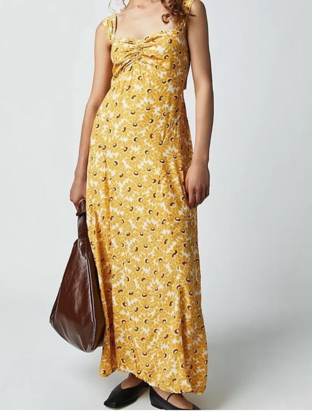 Free People Rosalee Midi Dress Yellow Combo Sunflowers M